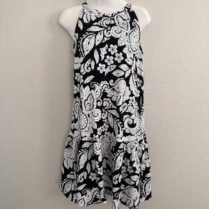 LOFT XXS Black White Paisley Shift Dress Swing Sleeveless Ruffle Hem Boho Summer